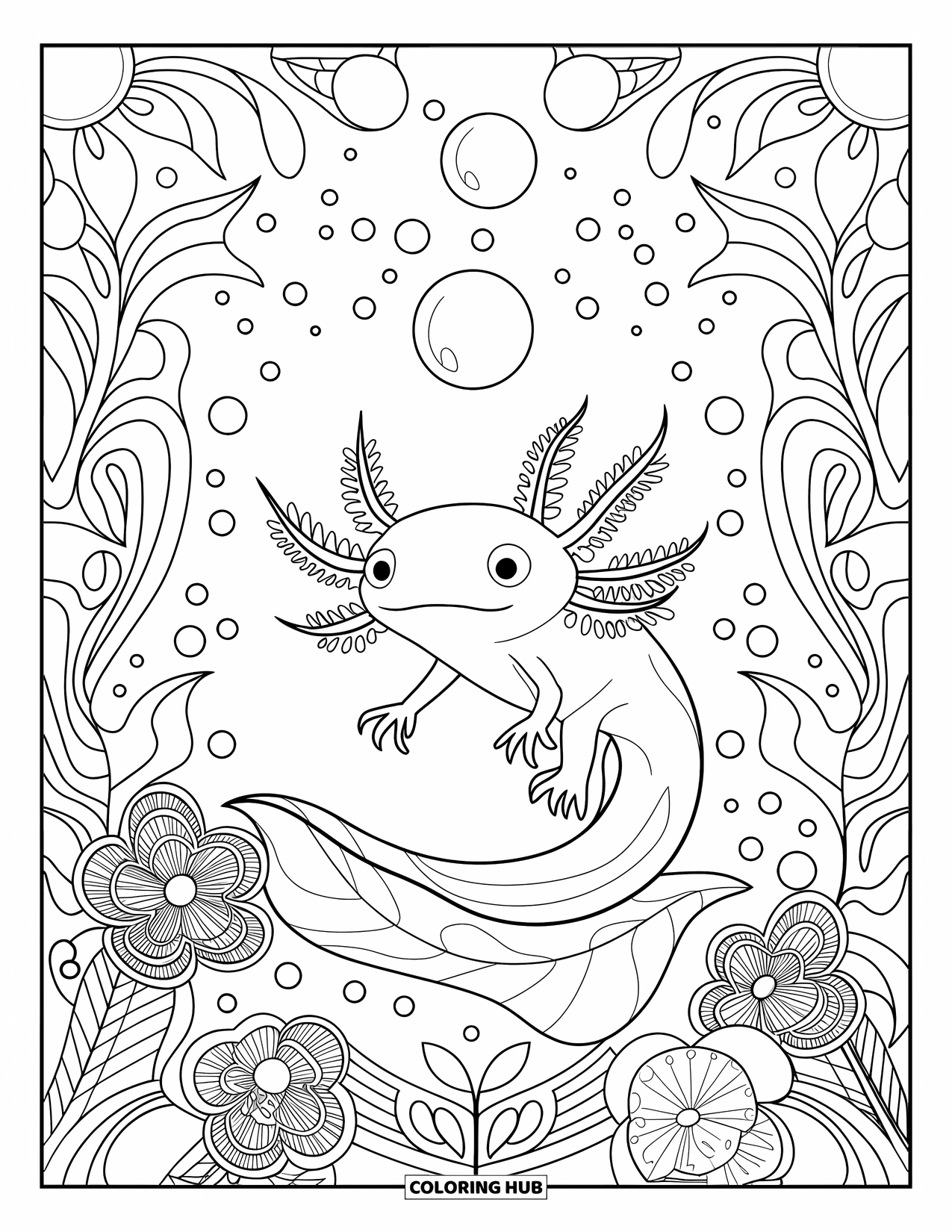 Disegno di Axolotl da colorare per adulti: Un axolotl siede su una foglia in un mandala floreale pieno di bolle e piante
