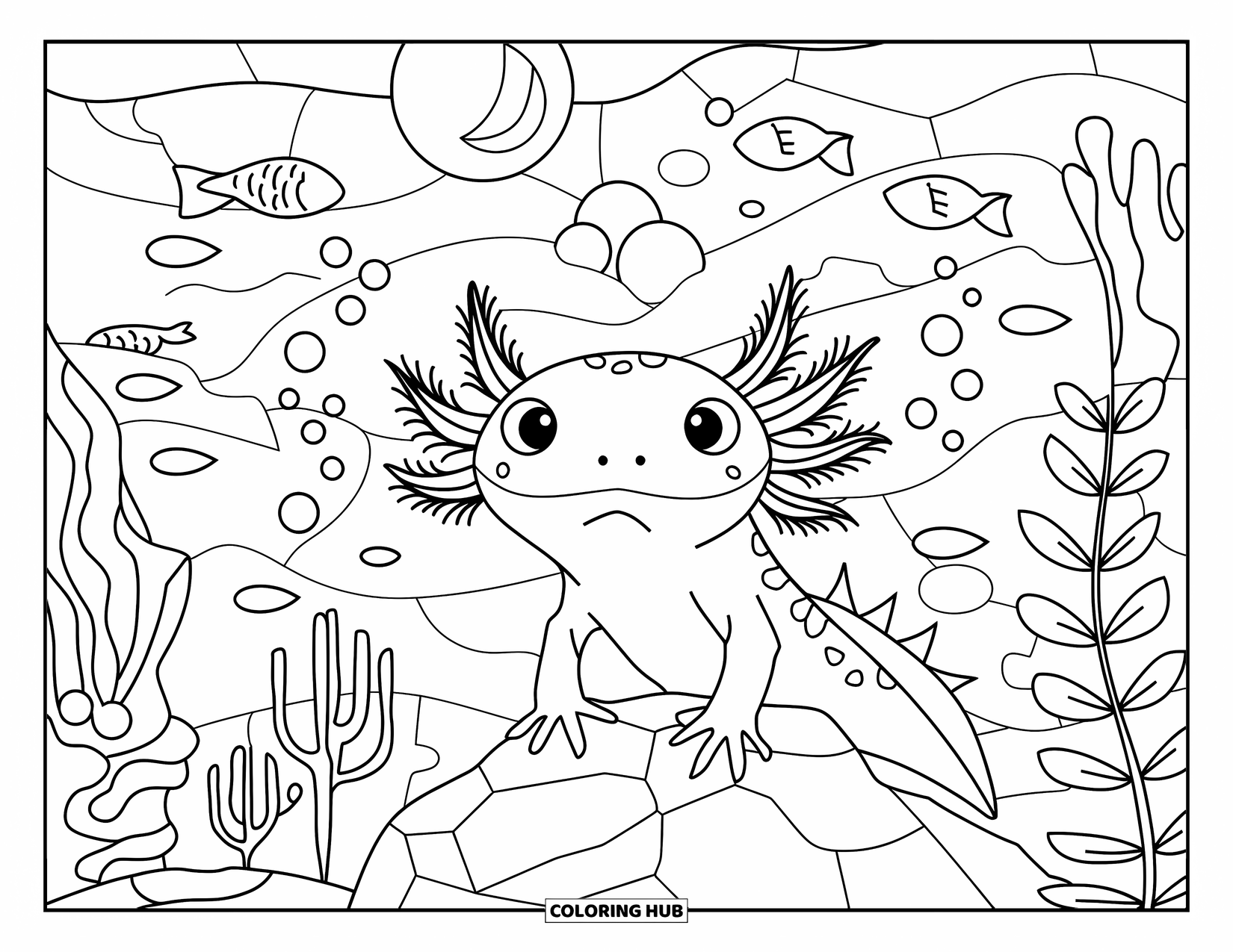 Disegno di Axolotl da colorare per adulti: Un axolotl siede su una roccia circondato da pesci, coralli, piante e bolle che salgono