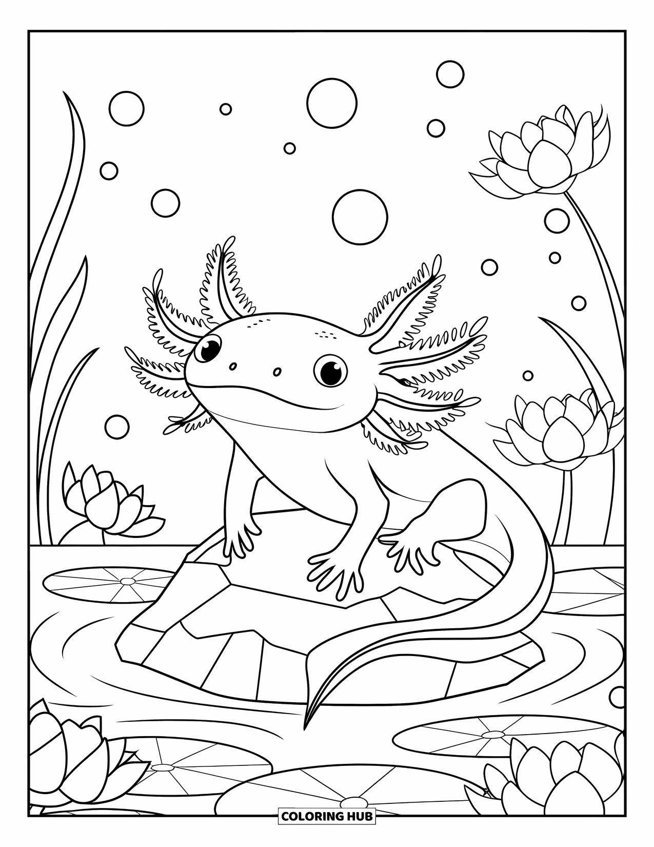 Disegno di Axolotl da colorare per adulti: Un axolotl siede su una roccia circondato da ninfee, fiori di loto e bolle