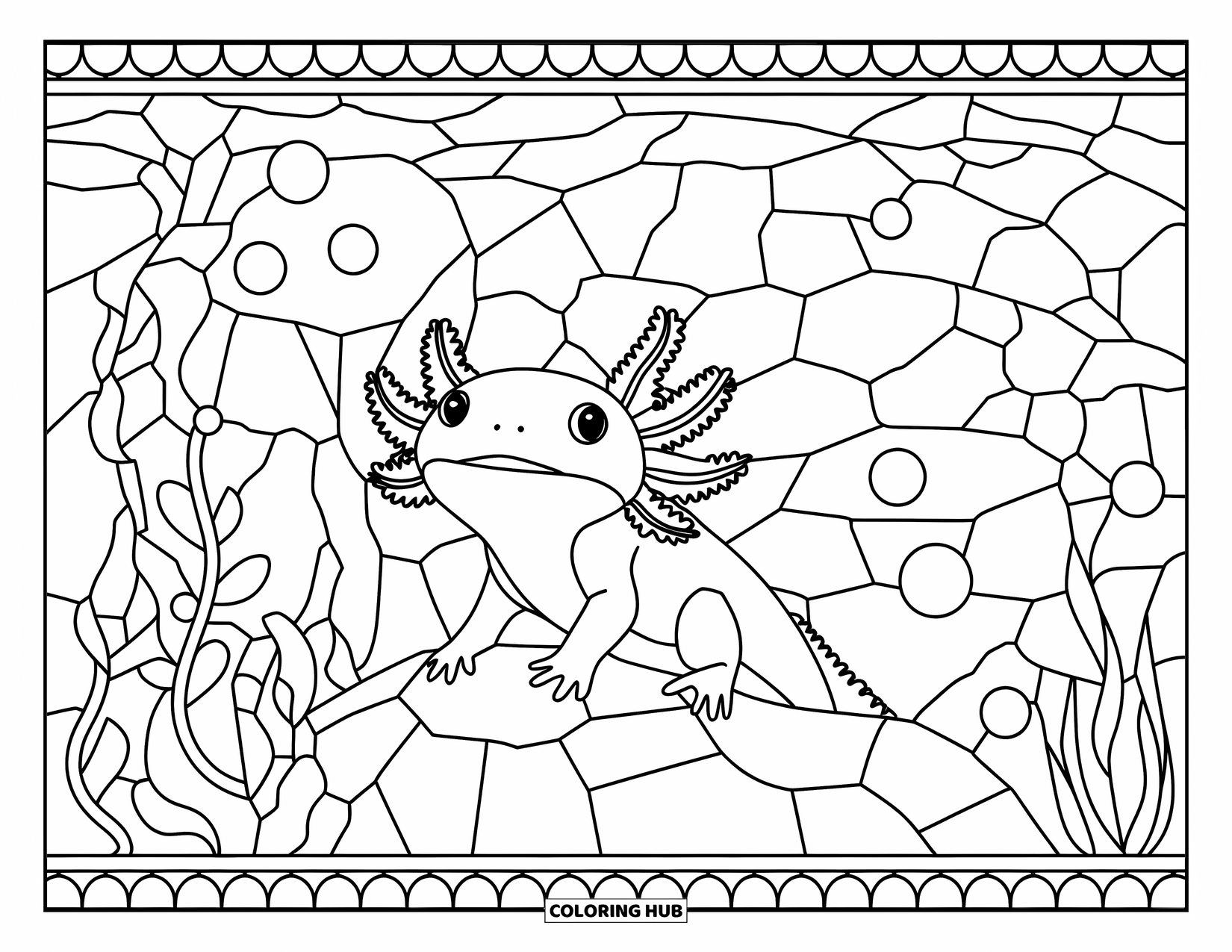 Disegno di Axolotl da colorare per adulti: Un axolotl con la bocca aperta riposa su una roccia tra bolle, piante e rocce