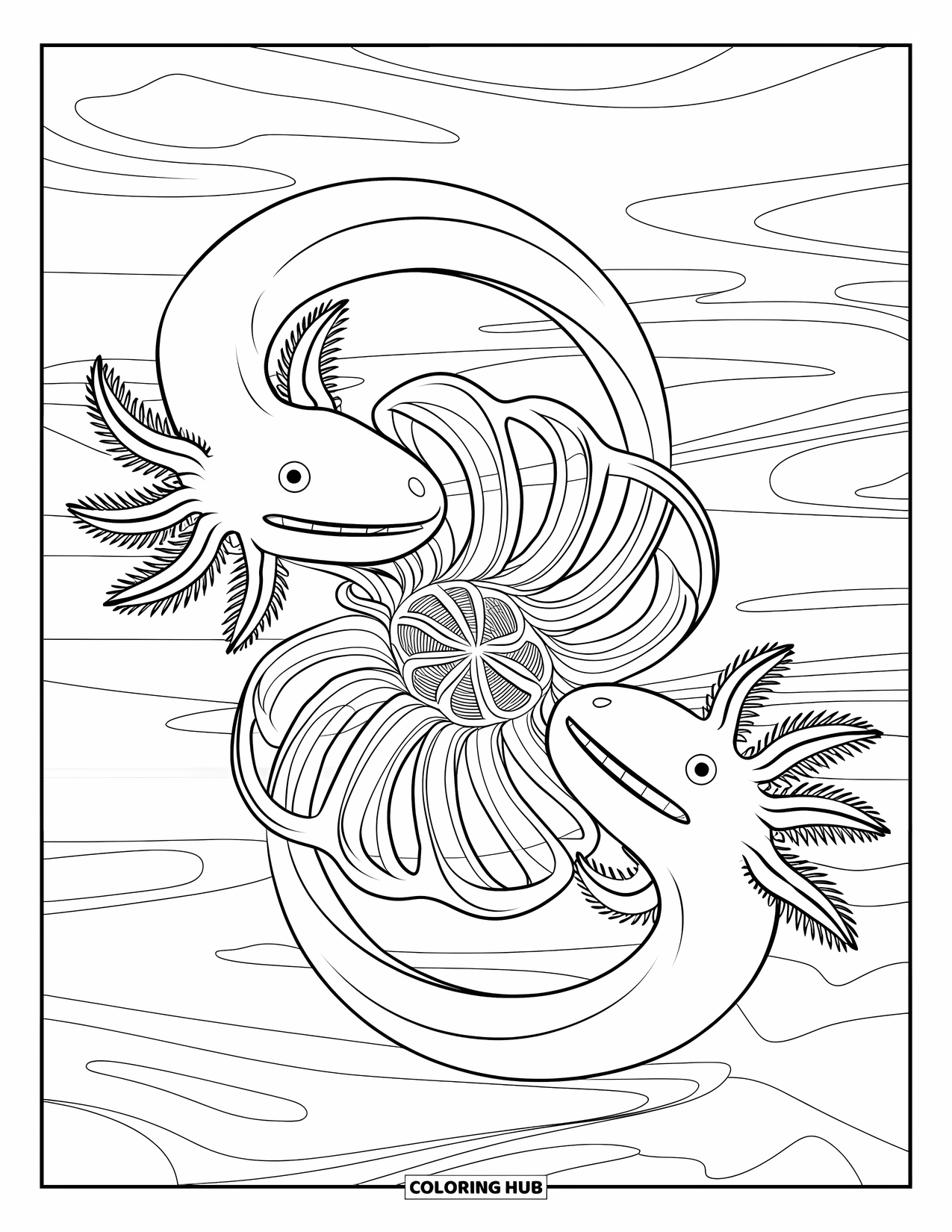 Disegno di Axolotl da colorare per adulti: Due axolotl con la bocca aperta ruotano a spirale attorno a una struttura sottomarina in fiore