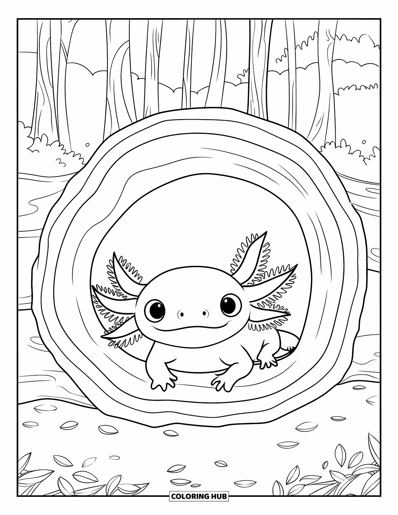 Disegno di Axolotl da colorare per bambini: Un cucciolo di axolotl riposa in un tronco mentre alberi e foglie lo circondano