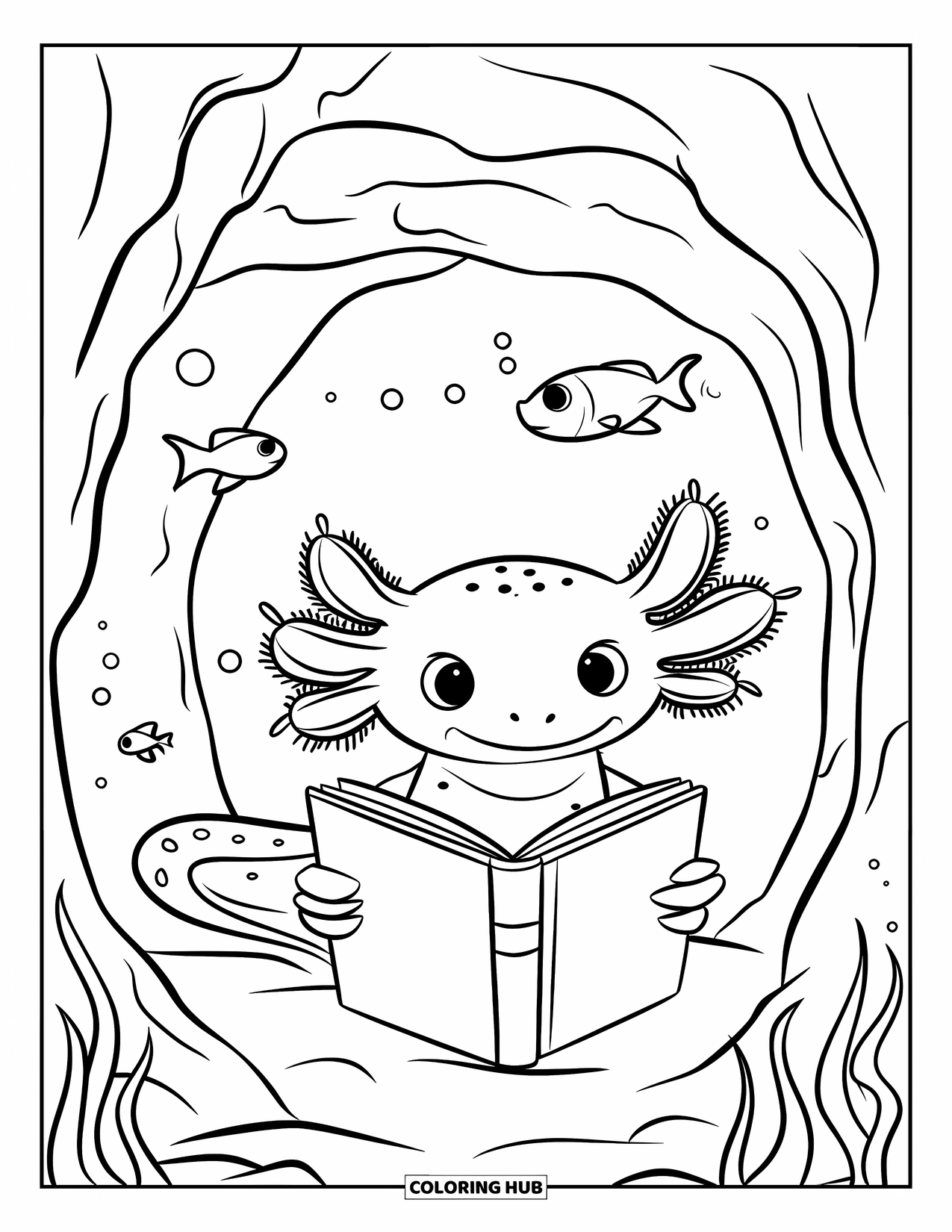 Disegno di Axolotl da colorare per bambini: Un axolotl amante dei libri legge all'interno di una grotta sottomarina illuminata delicatamente