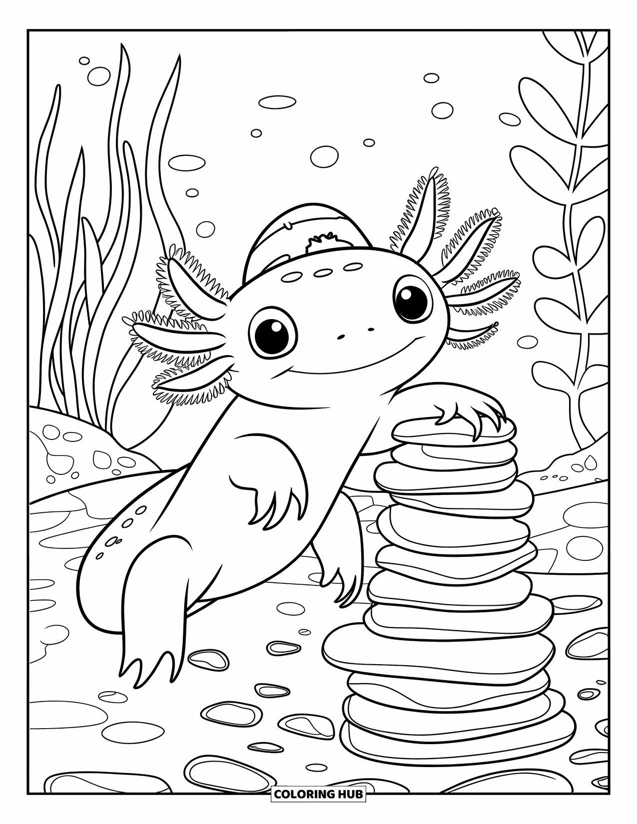 Disegno di Axolotl da colorare per bambini: Un allegro axolotl costruisce una torre di ciottoli con un grande sorriso