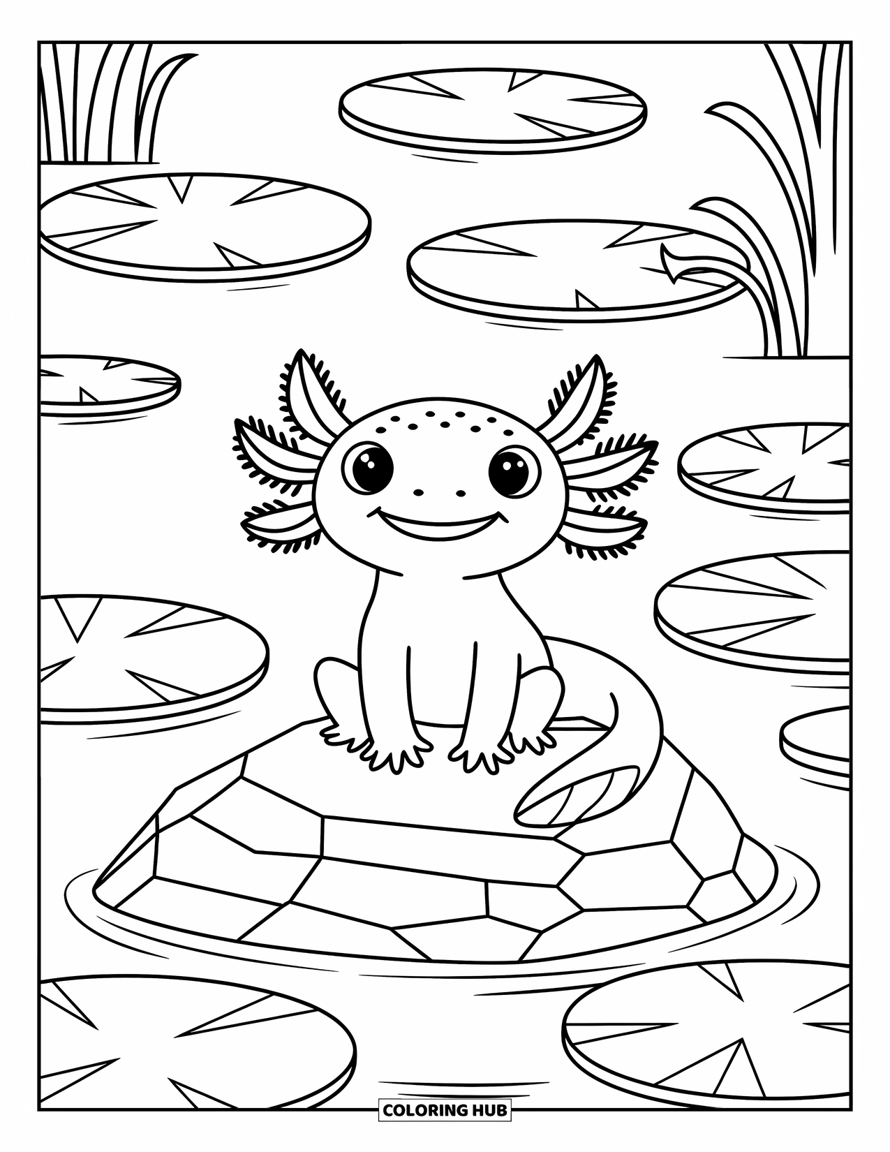 Disegno di Axolotl da colorare per bambini: Un allegro axolotl siede su una roccia circondato da ninfee in un laghetto tranquillo