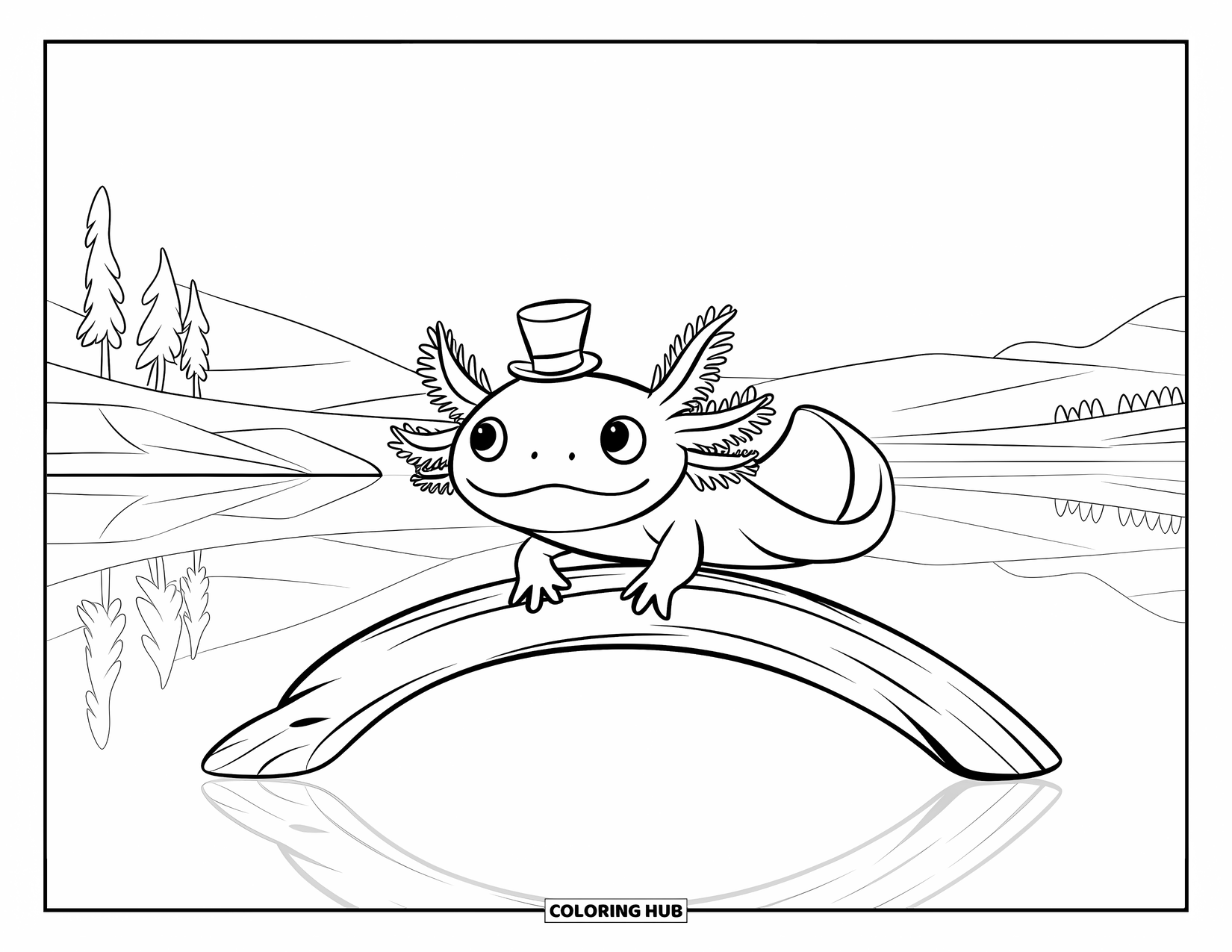 Disegno di Axolotl da colorare per bambini: Un axolotl curioso con un minuscolo cappello nuota sopra un tronco in acque tranquille