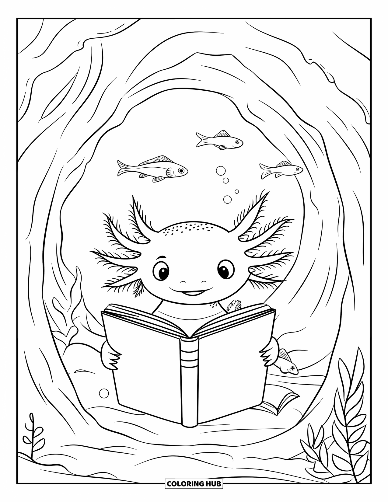 Disegno di Axolotl da colorare per bambini: Un axolotl curioso legge in una grotta luminosa mentre piccoli pesci passano