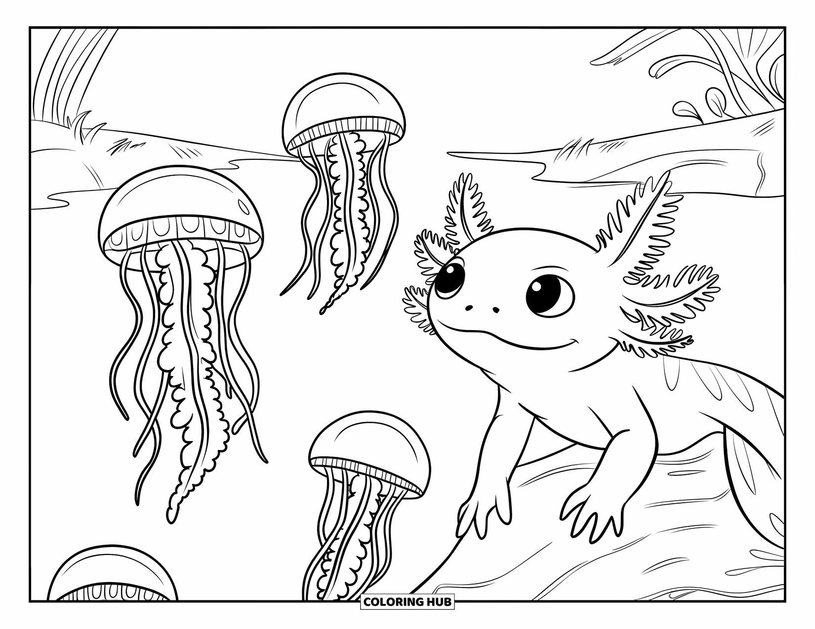 Disegno di Axolotl da colorare per bambini: Un axolotl curioso osserva cinque meduse che passano in un lago tranquillo