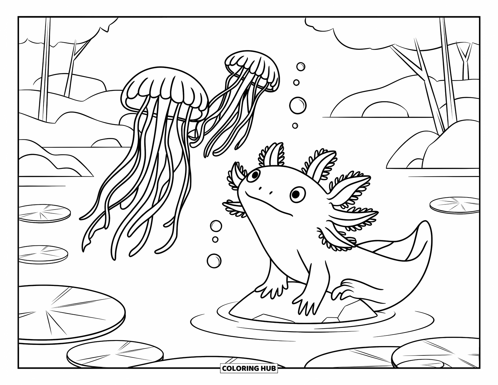 Disegno di Axolotl da colorare per bambini: Un simpatico axolotl soffia bolle mentre guarda le meduse galleggiare sopra