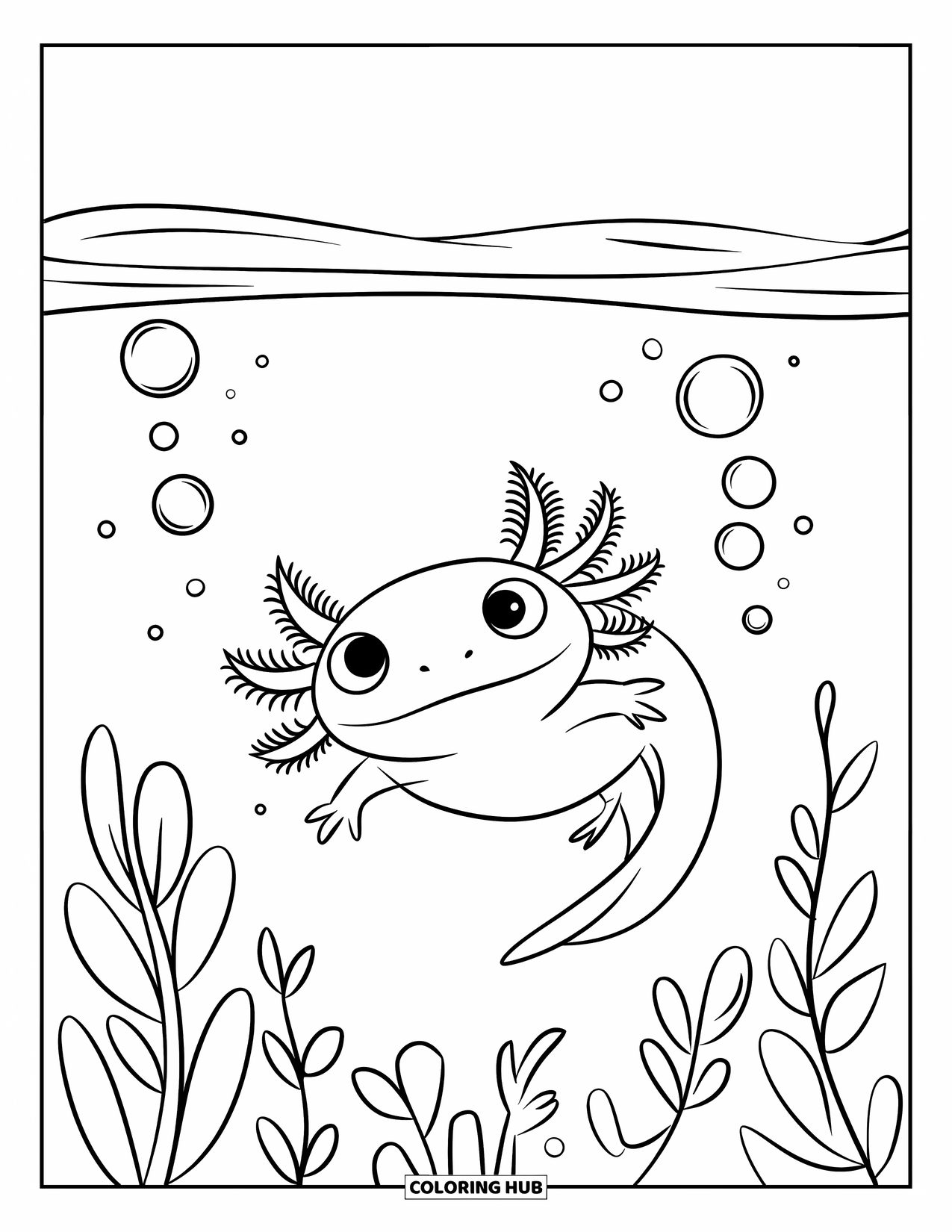 Disegno di Axolotl da colorare per bambini: Un axolotl felice galleggia sulla schiena vicino a bolle e piante sottomarine frondose
