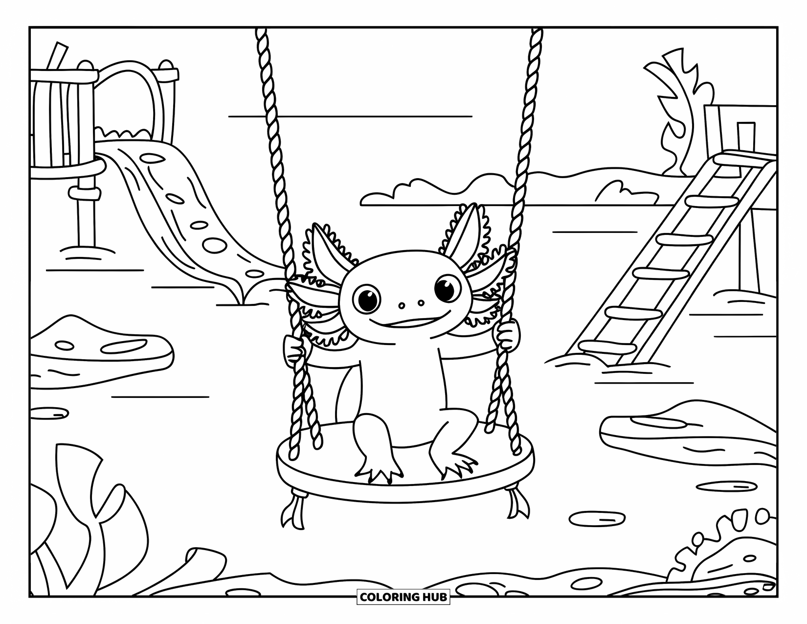 Disegno di Axolotl da colorare per bambini: Un axolotl felice si dondola in un parco giochi di alghe vicino a una vista del castello