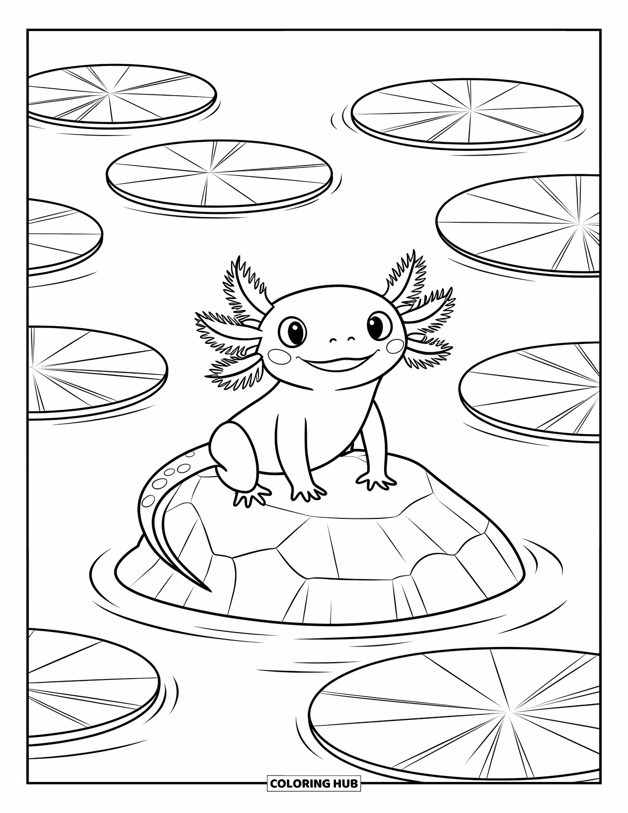 Disegno di Axolotl da colorare per bambini: Un axolotl gioioso sorride da una roccia, galleggiando tranquillamente tra le ninfee