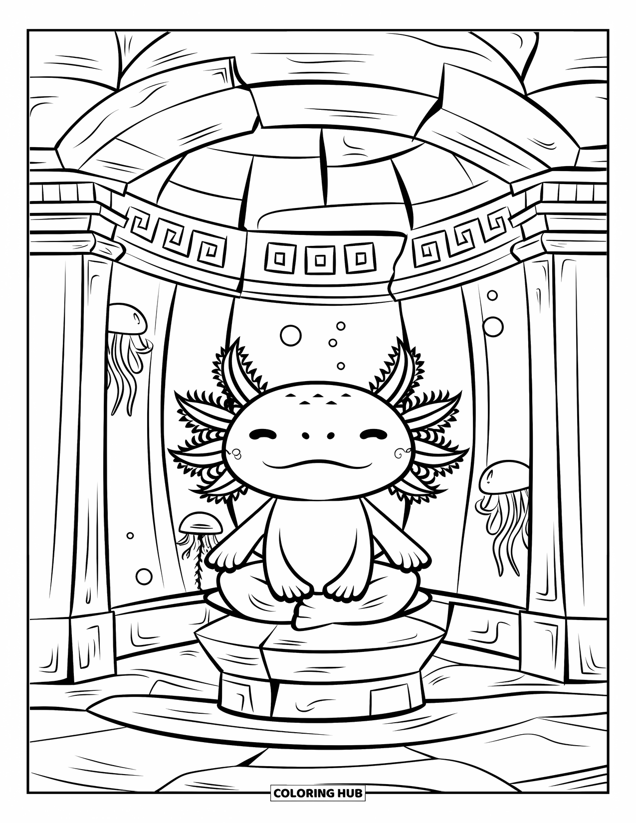 Disegno di Axolotl da colorare per bambini: Un axolotl che medita riposa su un piedistallo in un tempio sottomarino a cupola