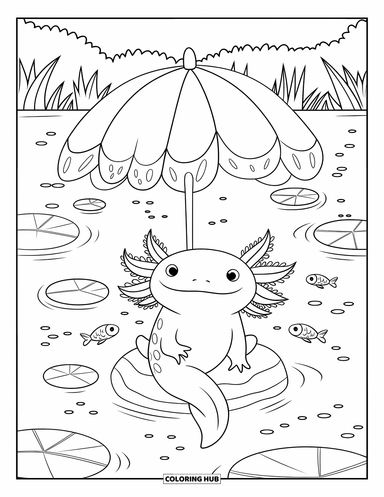 Disegno di Axolotl da colorare per bambini: Un axolotl pacifico riposa su una roccia sotto una ninfea vicino a piccoli pesci