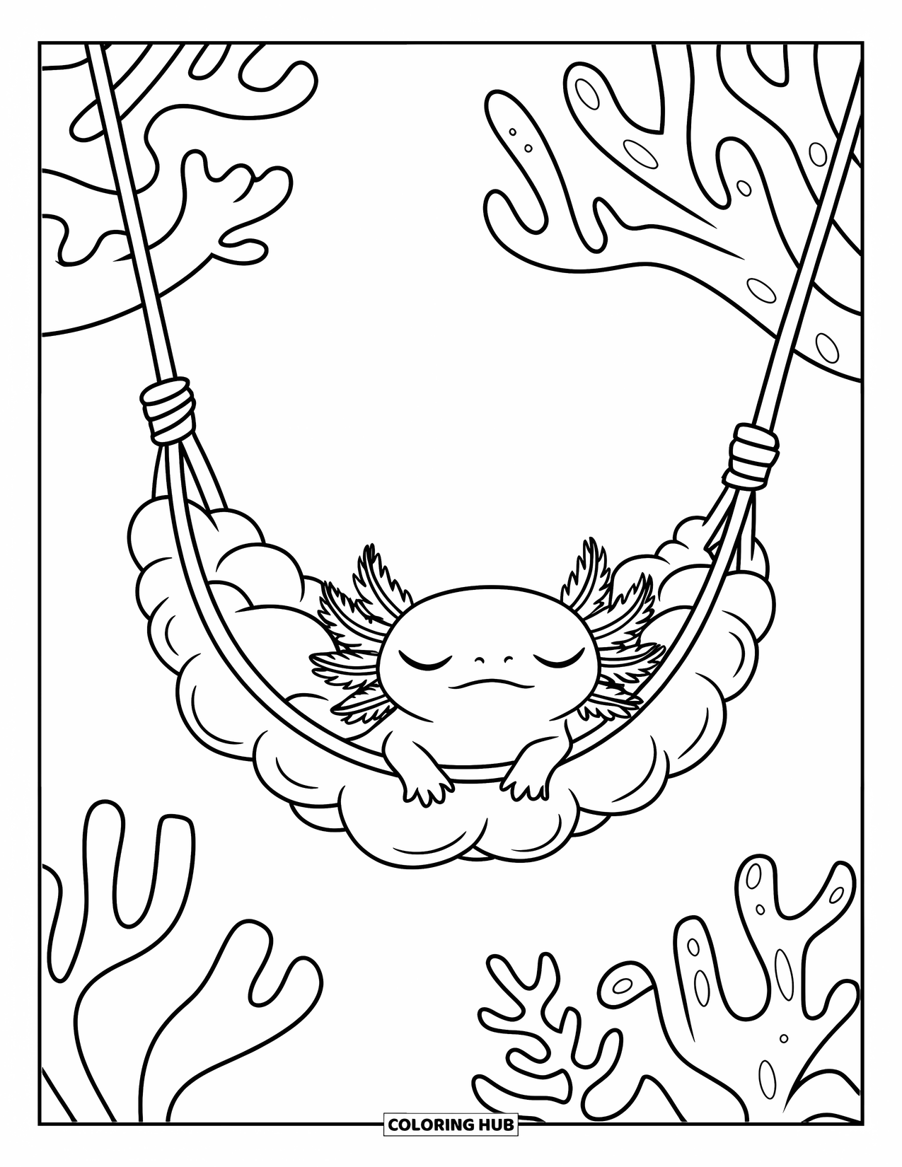 Disegno di Axolotl da colorare per bambini: Un axolotl assonnato riposa in un'amaca a bolle galleggiante sopra il corallo