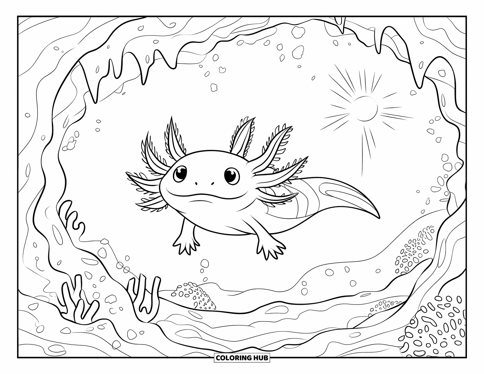 Disegno di Axolotl da colorare per bambini: Un axolotl sorridente scivola sotto alghe luminose in una pacifica grotta sottomarina
