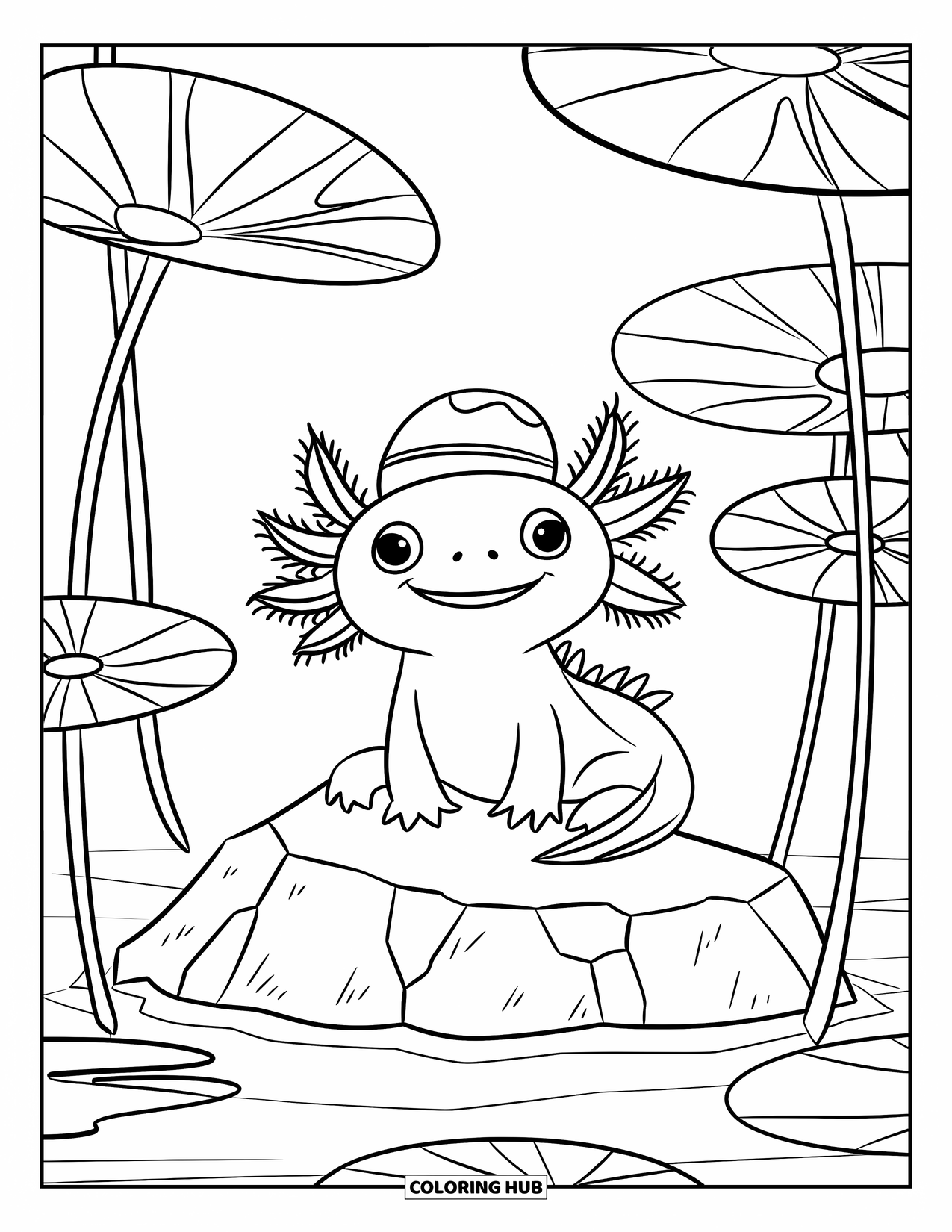 Disegno di Axolotl da colorare per bambini: Un axolotl sorridente con un cappellino carino siede su una roccia tra grandi ninfee