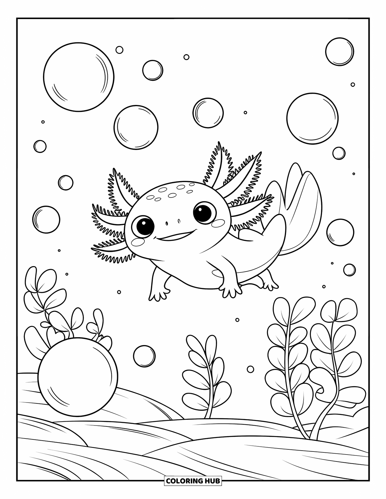 Disegno di Axolotl da colorare per bambini: Un dolce axolotl galleggia con gli occhi spalancati, circondato da grandi foglie e bolle