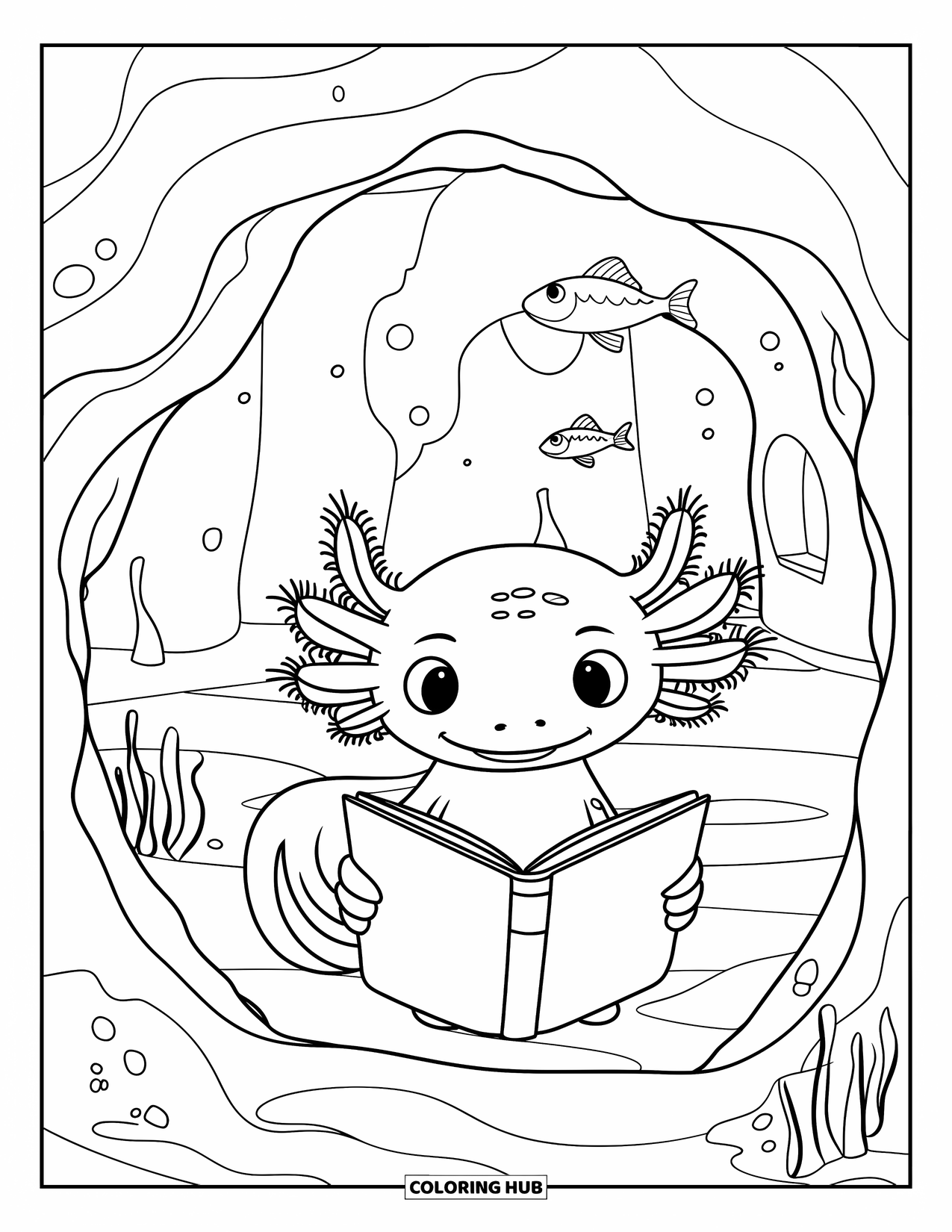 Disegno di Axolotl da colorare per bambini: Un axolotl si diverte a leggere in una grotta accogliente piena di linee morbide e pesci