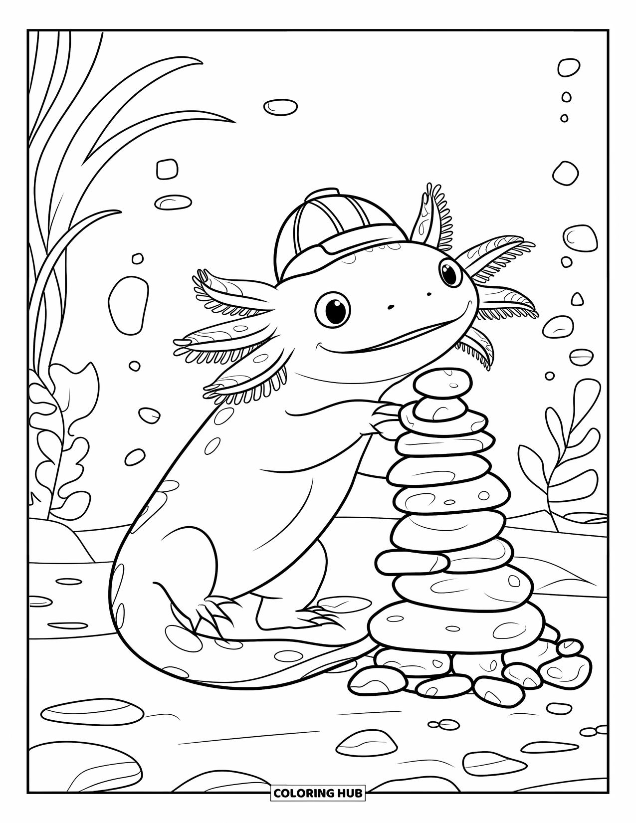 Disegno di Axolotl da colorare per bambini: Un axolotl con un elmetto costruisce con gioia un'alta torre di ciottoli