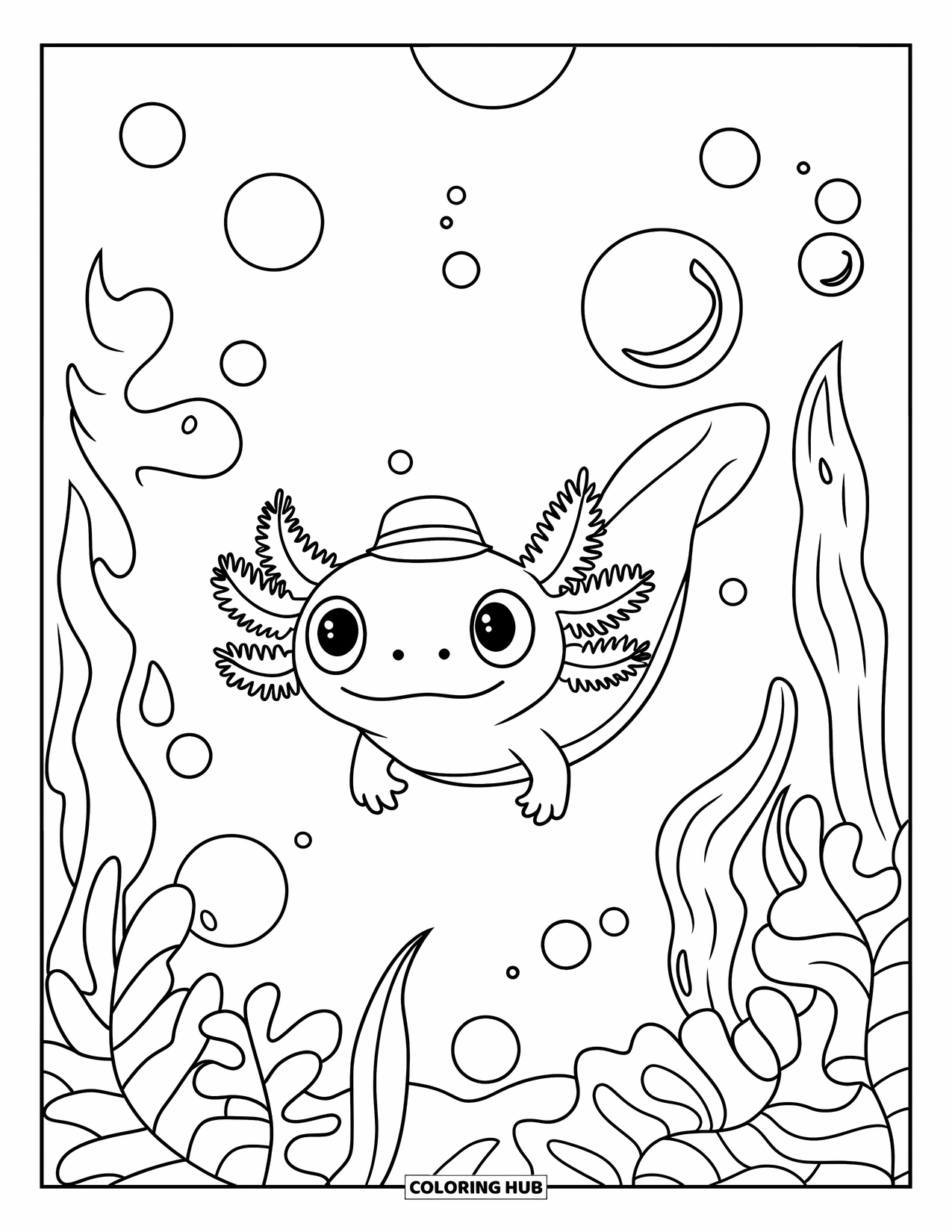 Disegno di Axolotl da colorare per bambini: Un axolotl con un cappellino galleggia allegramente tra bolle e piante vivaci