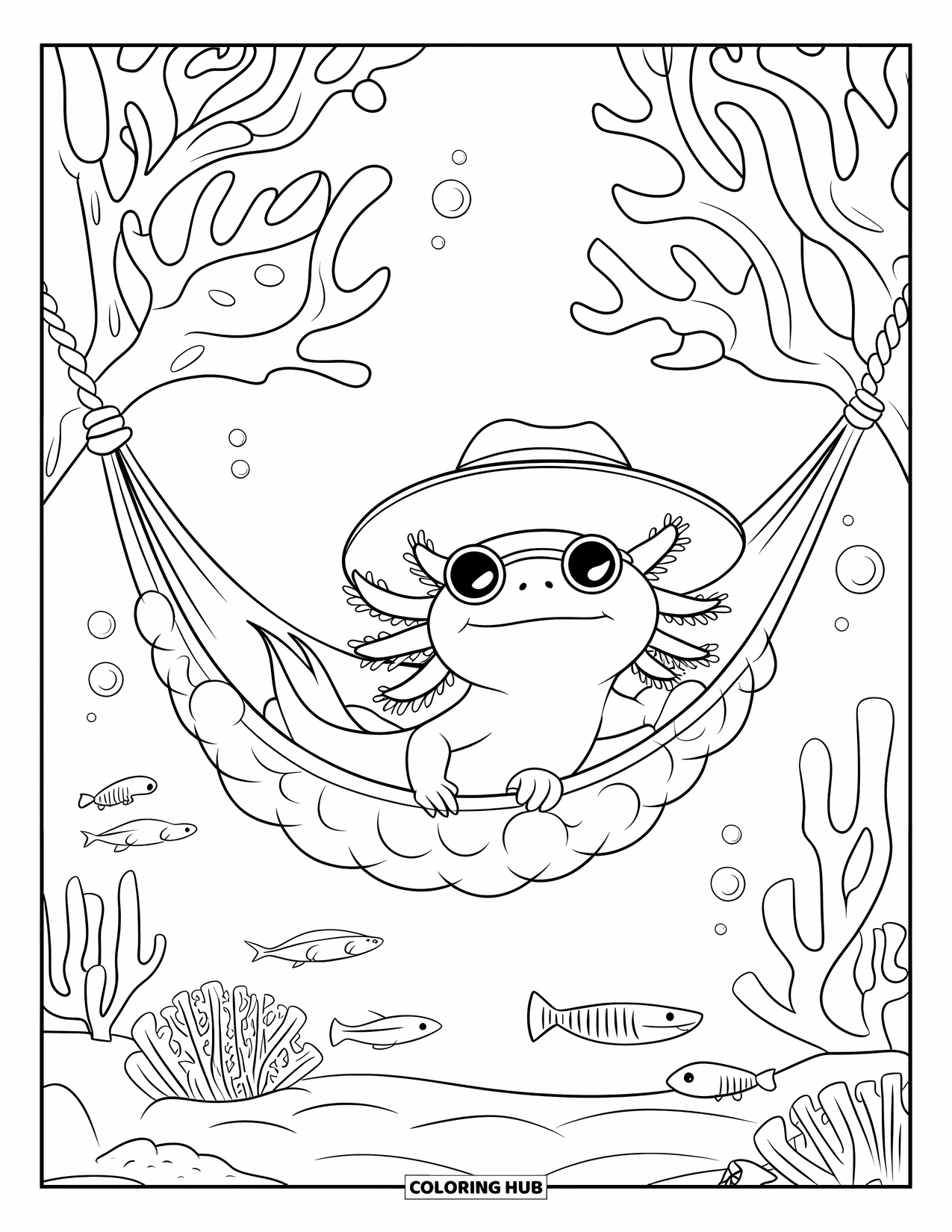 Disegno di Axolotl da colorare per bambini: Un axolotl con occhiali da sole fa un pisolino in un'amaca a bolle tra rami di corallo