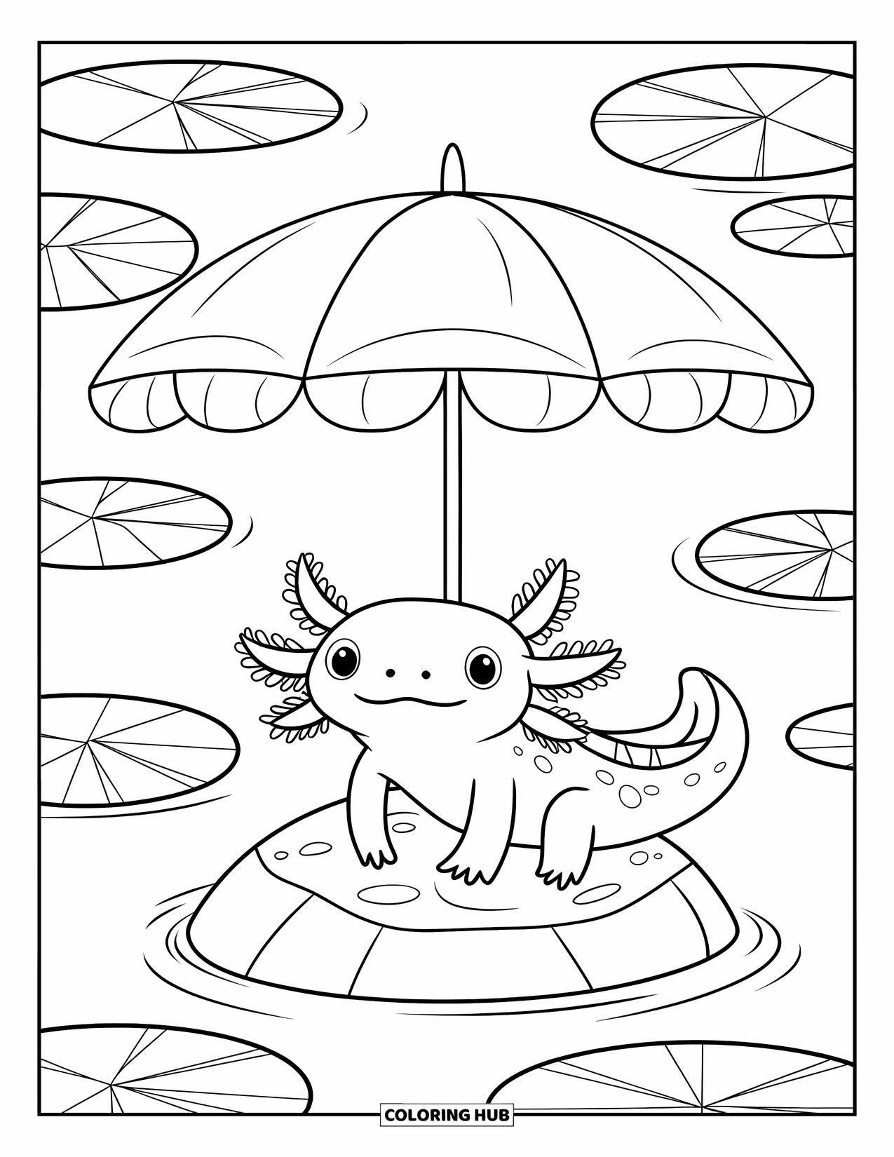 Disegno di Axolotl da colorare per bambini: Un axolotl si rilassa sotto un ombrello di ninfea vicino a foglie galleggianti e calme
