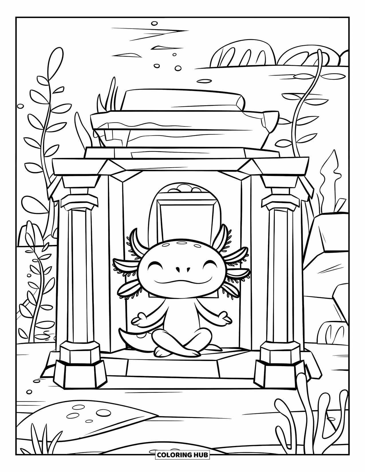 Disegno di Axolotl da colorare per bambini: Un axolotl siede tranquillamente su una piattaforma in un tranquillo tempio sottomarino