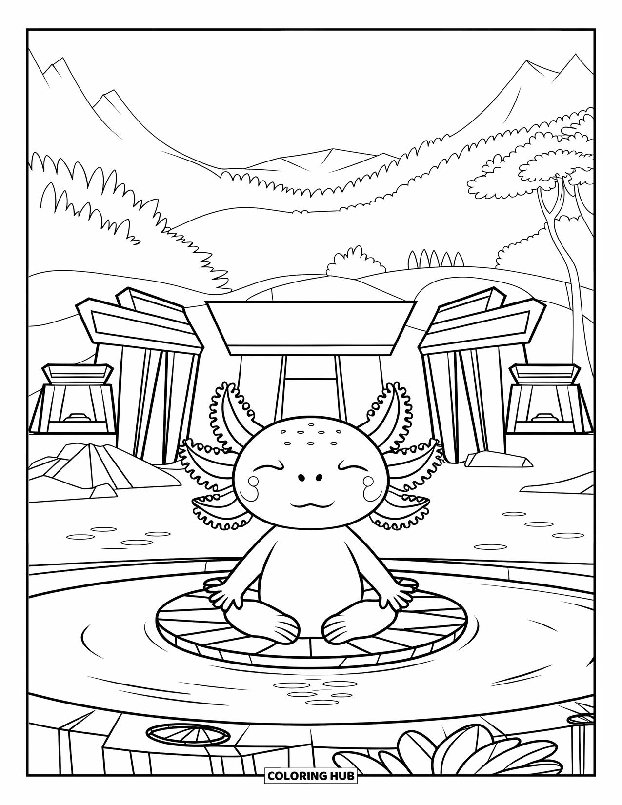 Disegno di Axolotl da colorare per bambini: Un axolotl siede su un fiore di loto in un laghetto tranquillo vicino a un vecchio tempio