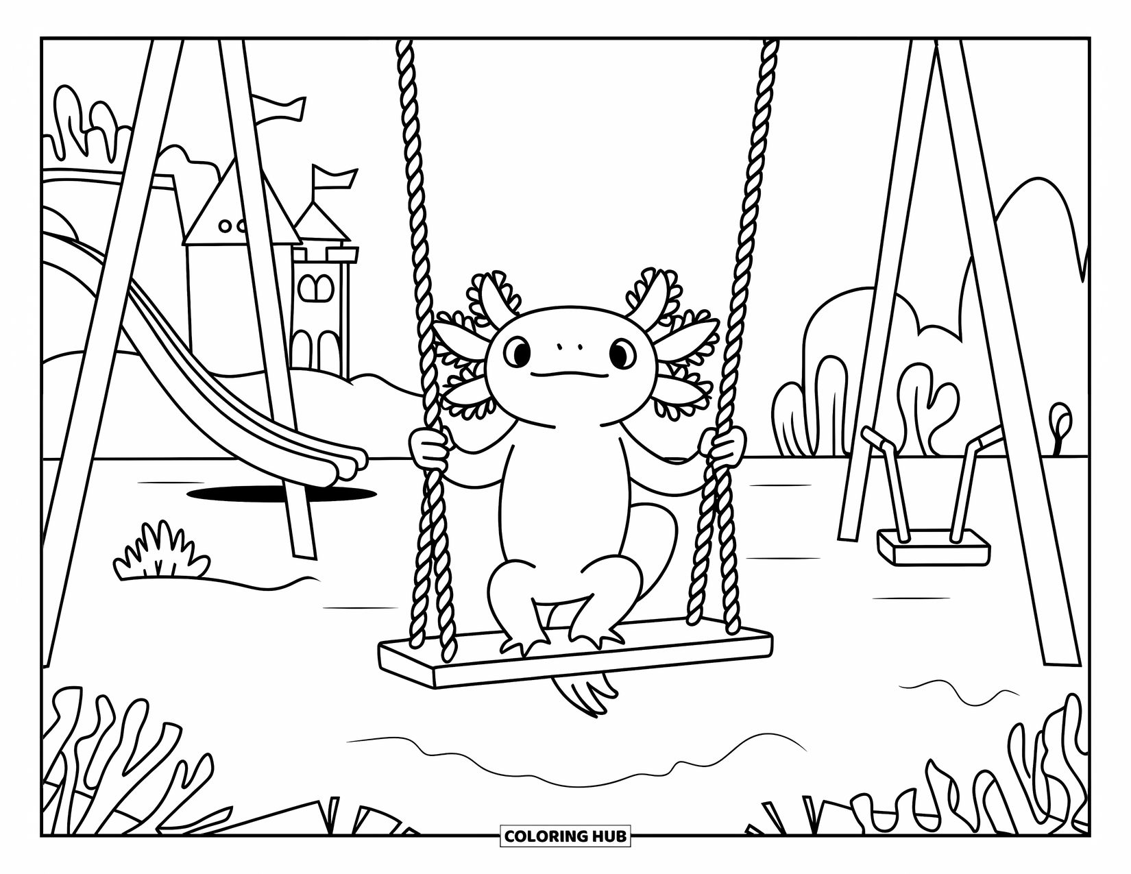 Disegno di Axolotl da colorare per bambini: Un axolotl si dondola su corde di alghe in un parco giochi sottomarino giocoso