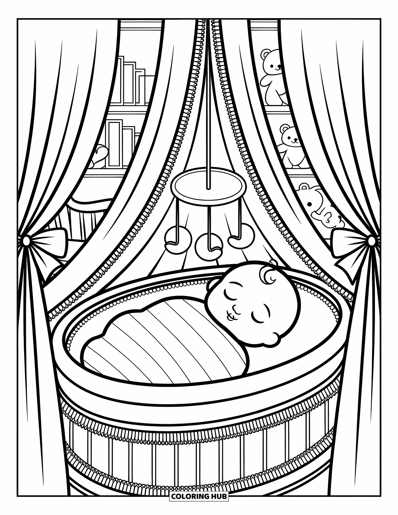 Dibujo para colorear de bebé para adultos: Un bebé se queda dormido en su manta bajo un dosel de encaje y un móvil suave