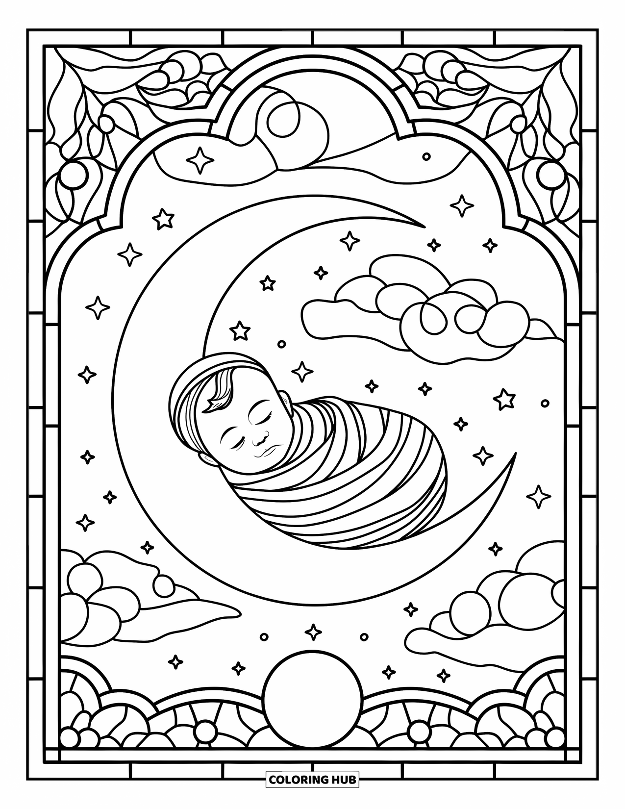 Dibujo para colorear de bebé para adultos: Un bebé se acurruca en una luna creciente bajo un cielo de vidrieras de ensueño