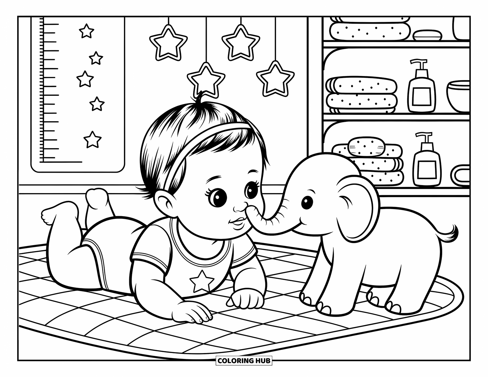 Dibujo para colorear de bebé para adultos: Una bebé con un mameluco de estrella mira a su elefante de peluche con suave curiosidad