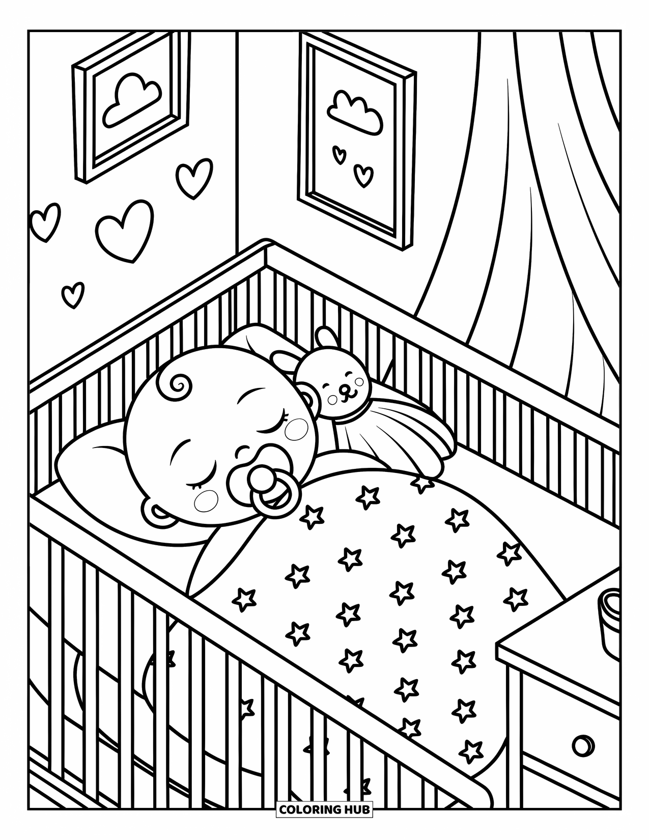 Dibujo para colorear de bebé para adultos: Una bebé duerme la siesta en una cuna con su chupete y un conejito metido a su lado