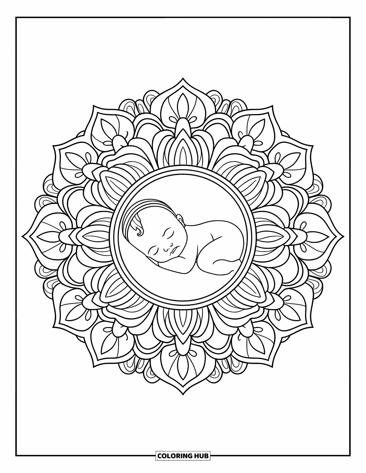 Dibujo para colorear de bebé para adultos: Un bebé yace dormido en medio de un mandala de estrella floral ornamentado