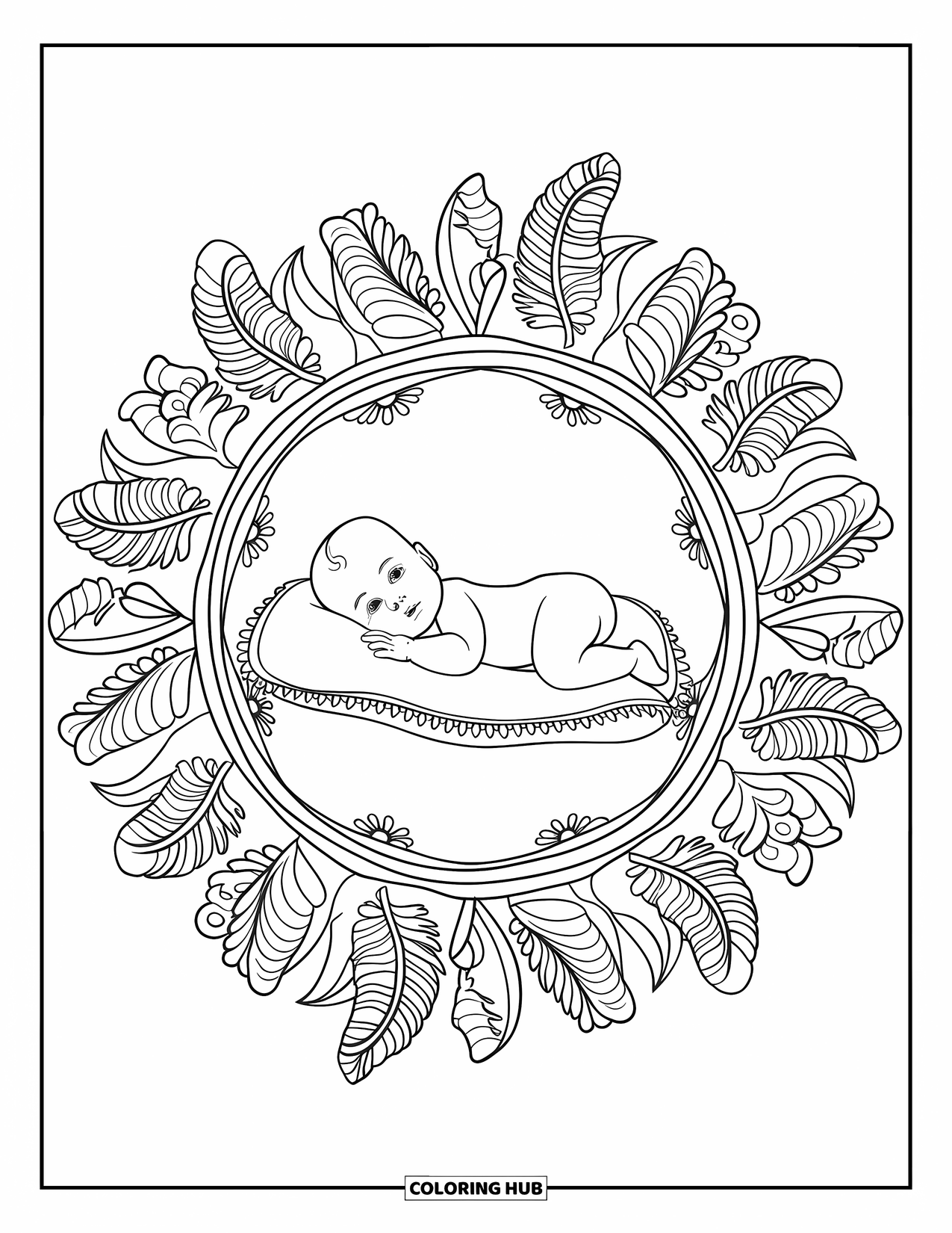 Dibujo para colorear de bebé para adultos: Un bebé yace sobre una almohada dentro de un mandala redondo de flores y plumas