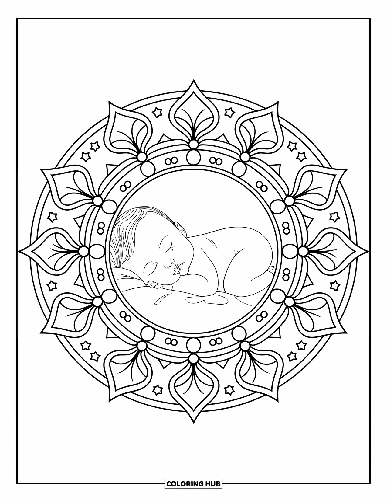Dibujo para colorear de bebé para adultos: Un bebé duerme pacíficamente dentro de un mandala de flores y estrellas