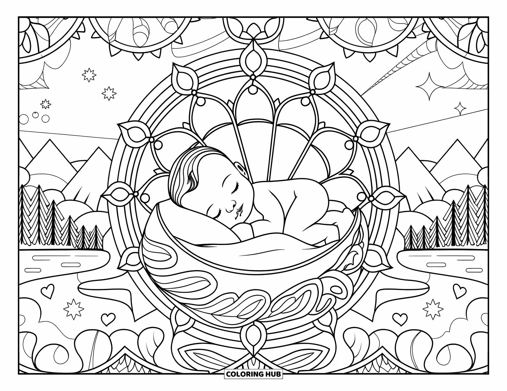 Dibujo para colorear de bebé para adultos: Un bebé duerme la siesta con un juguete de peluche entre pétalos de vidrieras y paisajes naturales