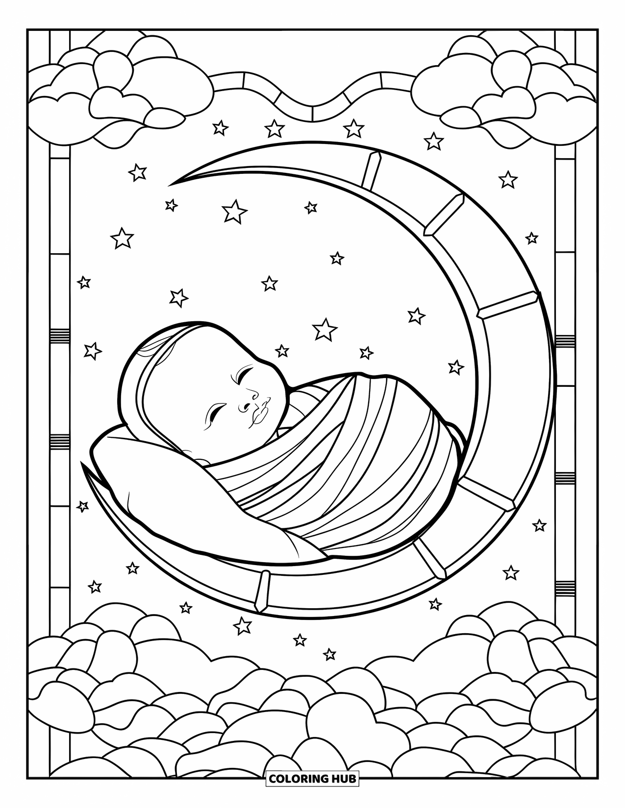 Dibujo para colorear de bebé para adultos: Un bebé descansa sobre una luna con nubes de vidrieras alrededor