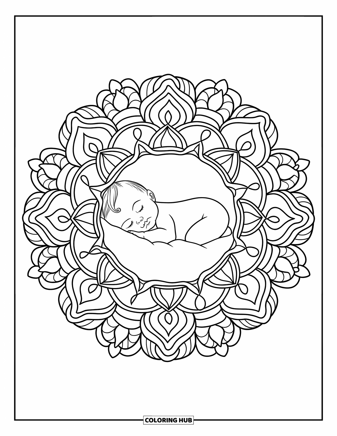 Dibujo para colorear de bebé para adultos: Un bebé duerme en el centro de un mandala floral y estrellado