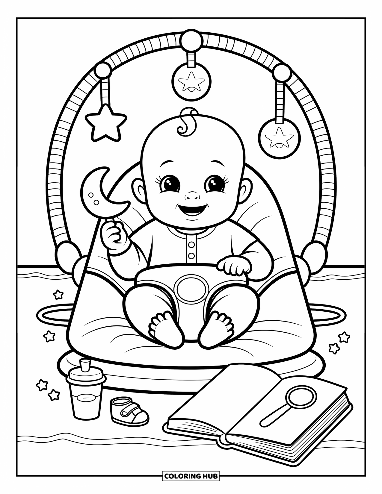 Dibujo para colorear de bebé para adultos: Un bebé curioso mira los juguetes de arriba mientras sostiene su mordedor de media luna