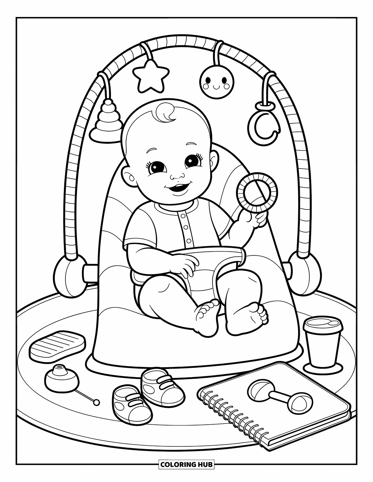 Dibujo para colorear de bebé para adultos: Un bebé feliz está sentado en su hamaca, tratando de alcanzar los juguetes colgantes de arriba