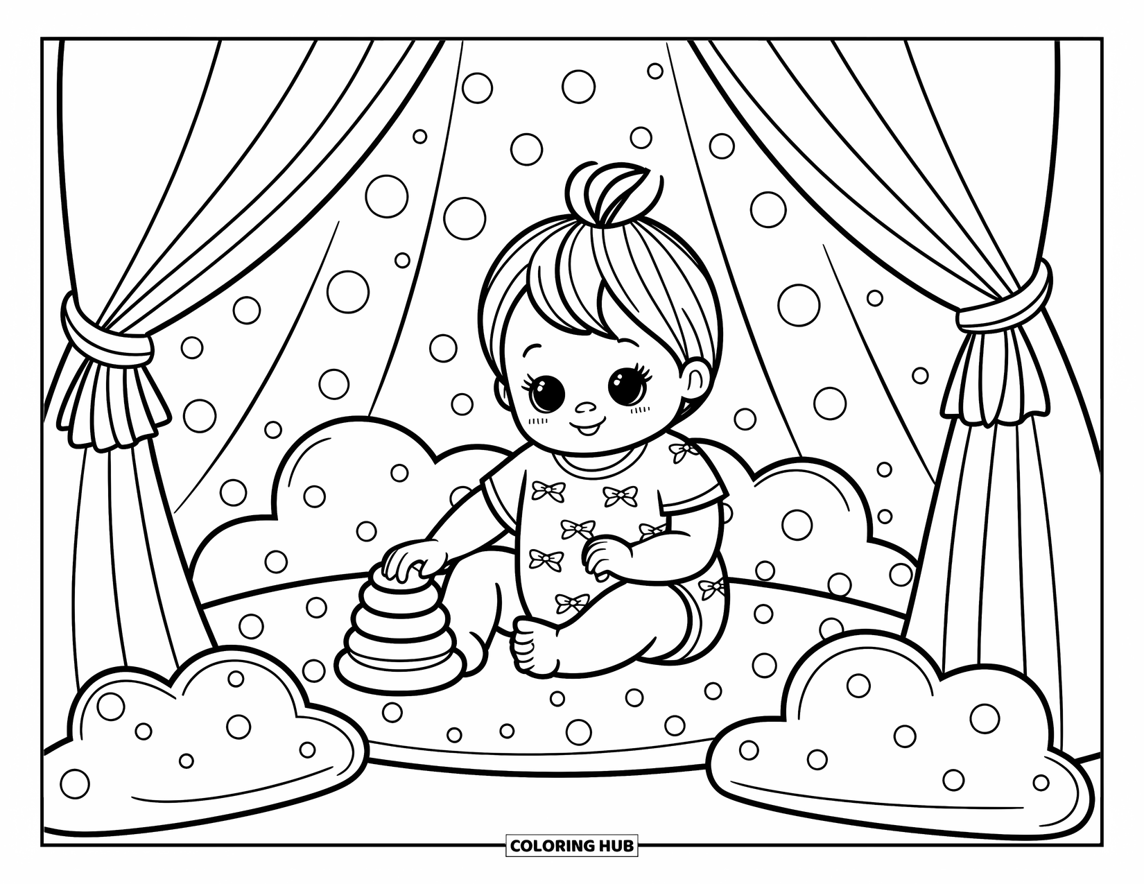 Dibujo para colorear de bebé para adultos: Una niña pequeña con un mameluco con lazo está sentada en una tienda de campaña linda jugando con anillos apilables