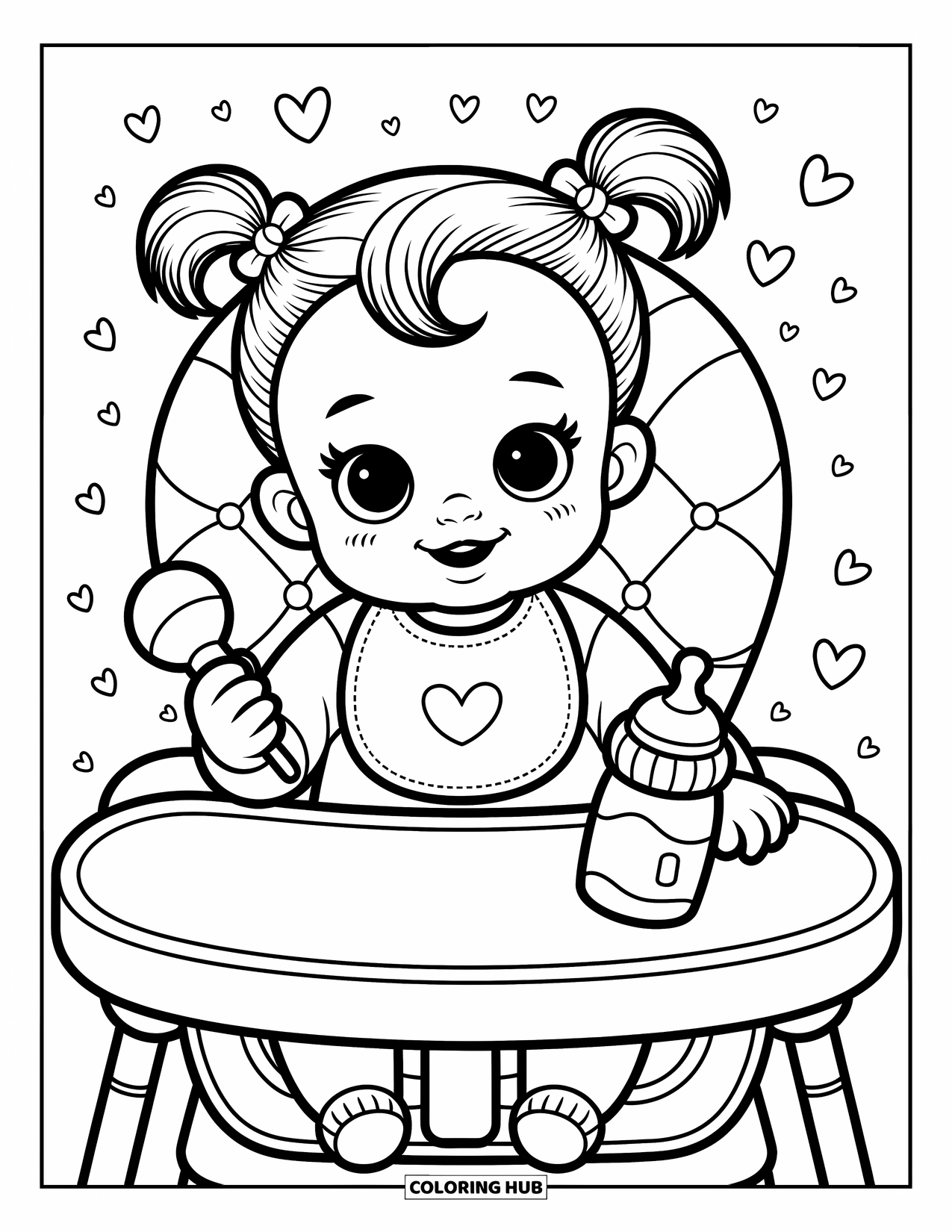 Dibujo para colorear de bebé para adultos: Una niña pequeña está sentada felizmente en una trona con un sonajero y un biberón en frente