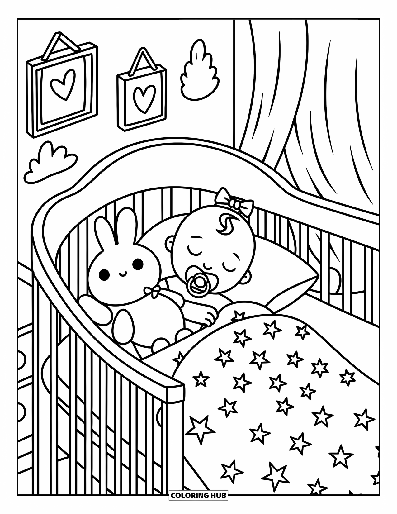 Dibujo para colorear de bebé para adultos: Una bebé pacífica duerme en su cuna, abrazando un conejito de peluche