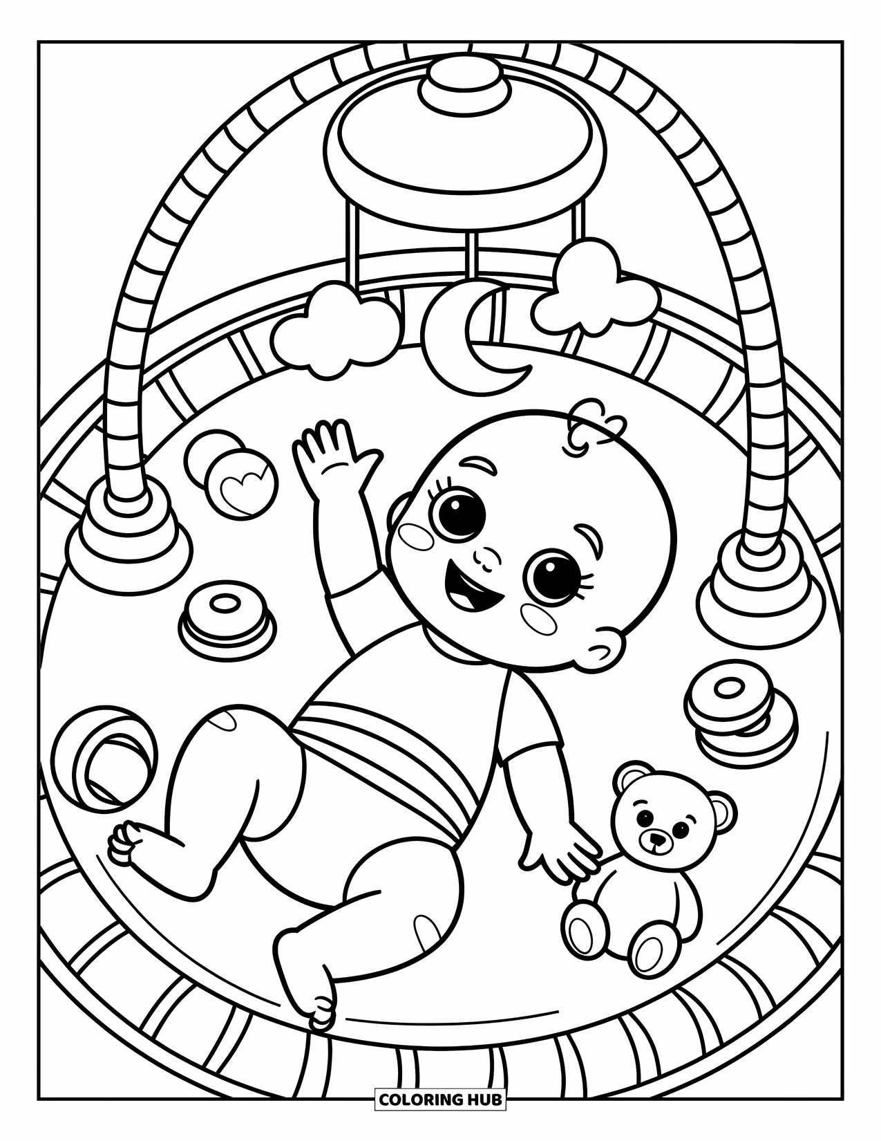 Dibujo para colorear de bebé para adultos: Un bebé juguetón se estira hacia su móvil con juguetes de peluche a su alrededor