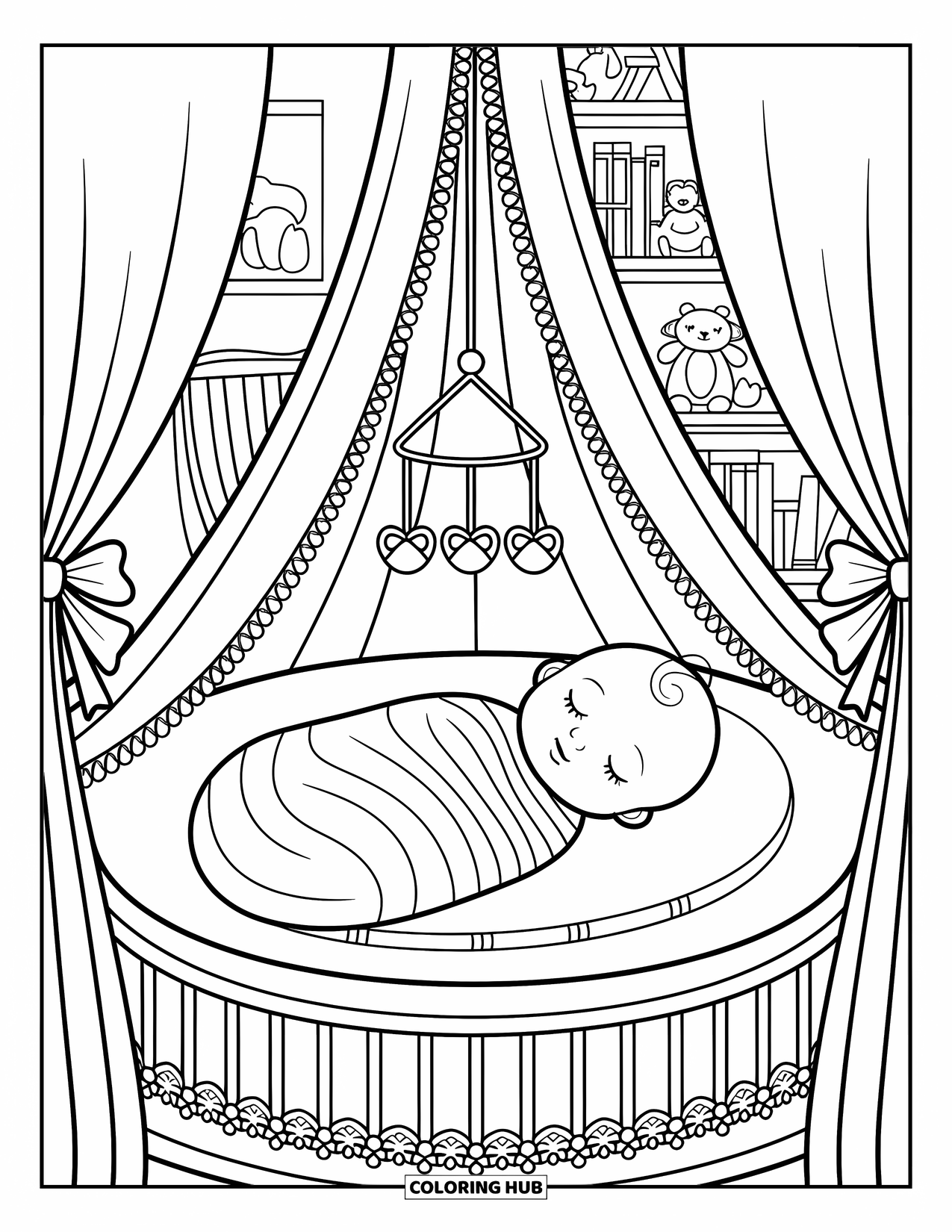 Dibujo para colorear de bebé para adultos: Un bebé somnoliento se acurruca en su moisés bajo un móvil y un dosel suaves