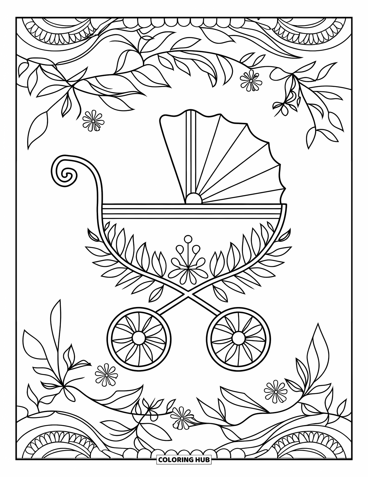 Dibujo para colorear de bebé para adultos: Un cochecito está envuelto en flores, cintas y diseños de hojas