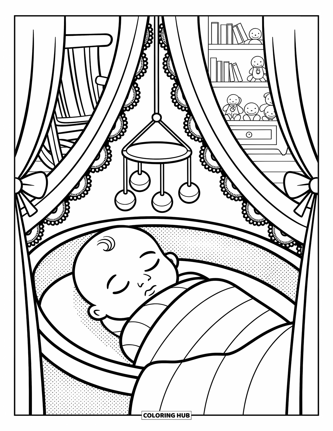Dibujo para colorear de bebé para adultos: Un bebé envuelto en una manta descansa bajo un móvil musical con libros y peluches cerca