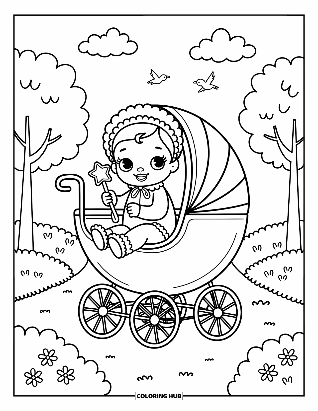 Dibujo para colorear de bebé para adultos: Una bebé dulce está sentada en un cochecito clásico con su sonajero de juguete en un paseo